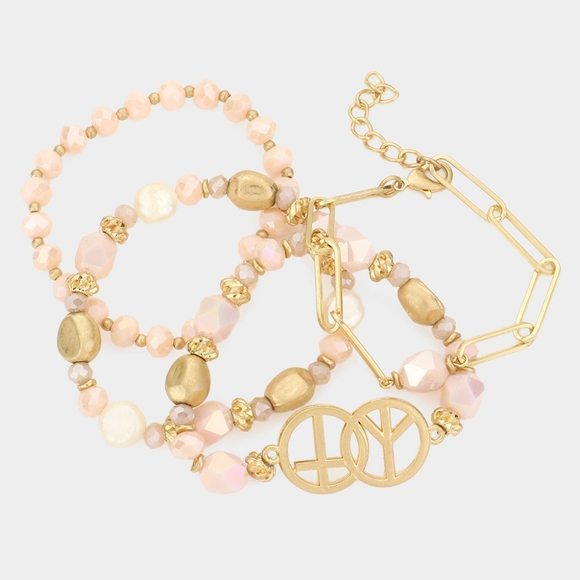 Gold and Beige Beads Cross Peace Sign Stacked MultiLayered Beaded Bracelet - Picture 2 of 2